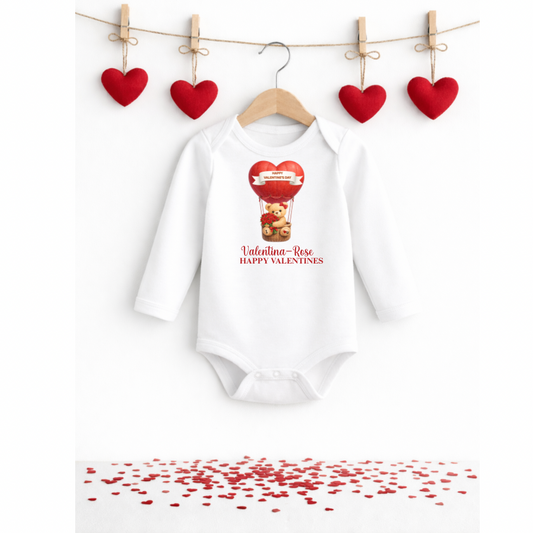 Personalised Valentine’s Baby Long Sleeved Bodysuit – Teddy Bear With Bow Hot Air Ballon Design