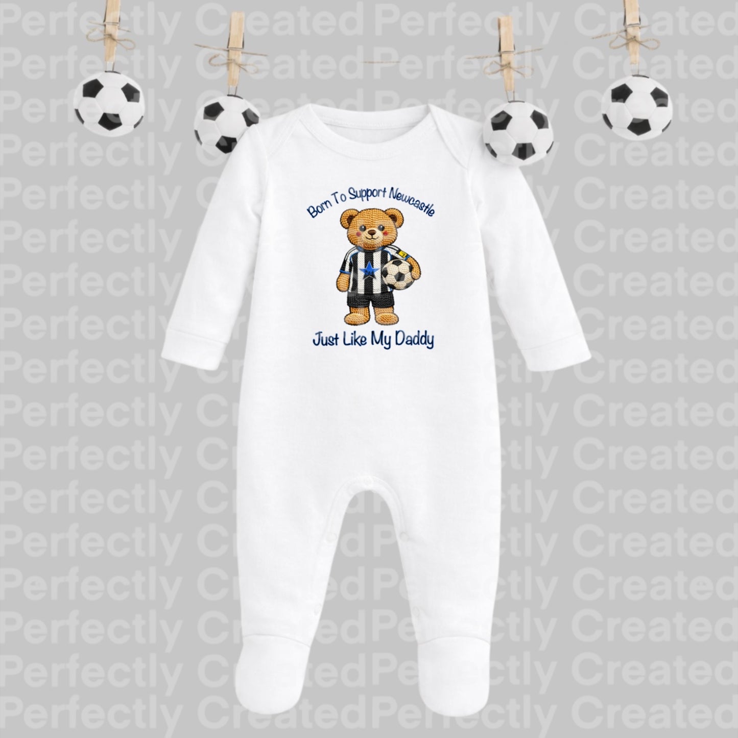 Born to Support Newcastle | Embroidered Style Football Teddy Long Sleeve Baby Romper
