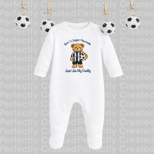 Born to Support Newcastle | Embroidered Style Football Teddy Long Sleeve Baby Romper