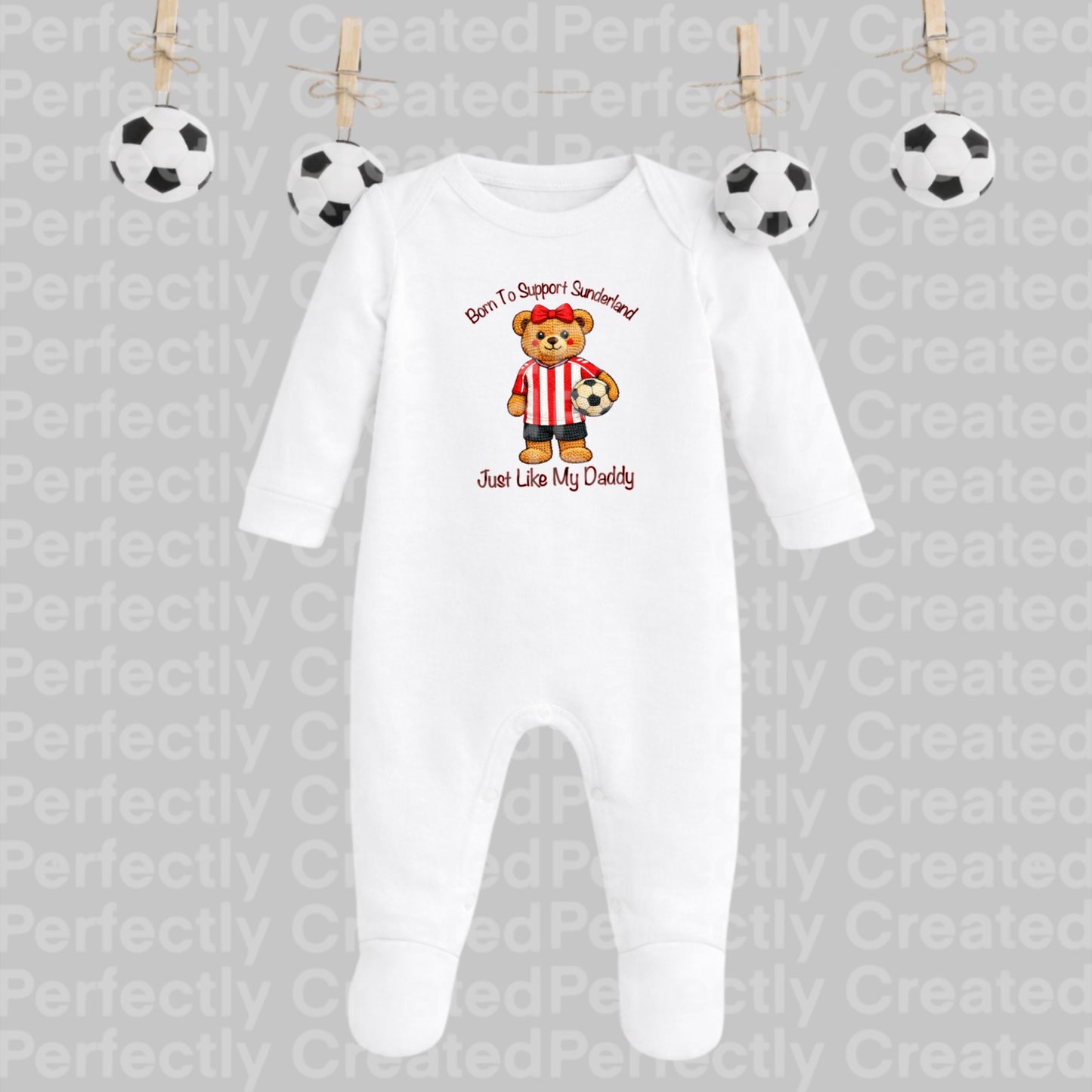 Born to Support Sunderland Baby Sleepsuit with Bow – Just Like My Daddy