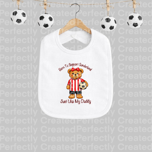 ❤️🤍 Born To Support Sunderland Teddy Bear with Bow – Baby Bib ⚽