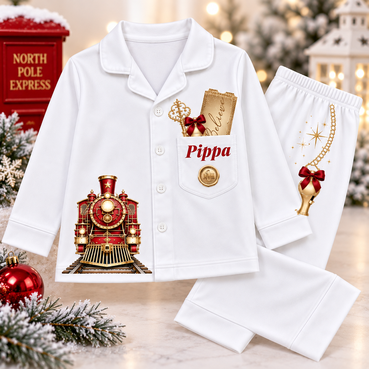 Personalised Christmas Train Pyjamas - Red