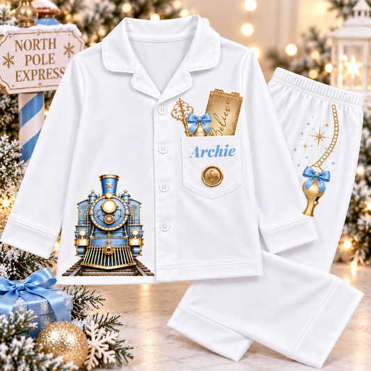 Personalised Christmas Train Pyjamas - Baby Blue