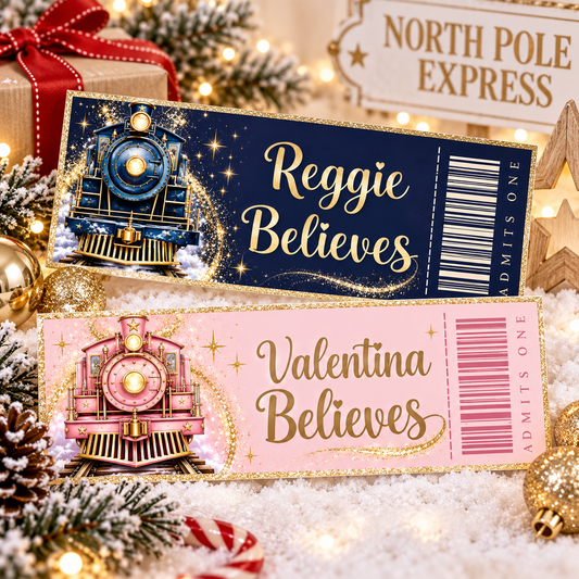 Personalised Believe Train Ticket | Christmas Keepsake Pink or Navy