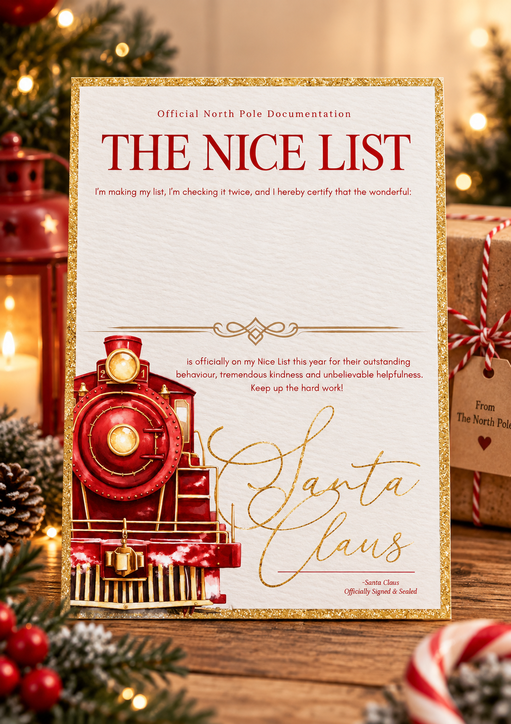 Personalised Nice List Certificate including envelope with wax stamp 4 colours