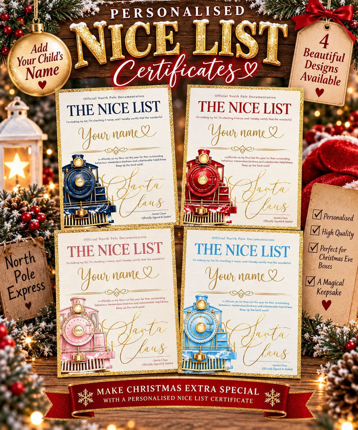 Personalised Nice List Certificate including envelope with wax stamp 4 colours