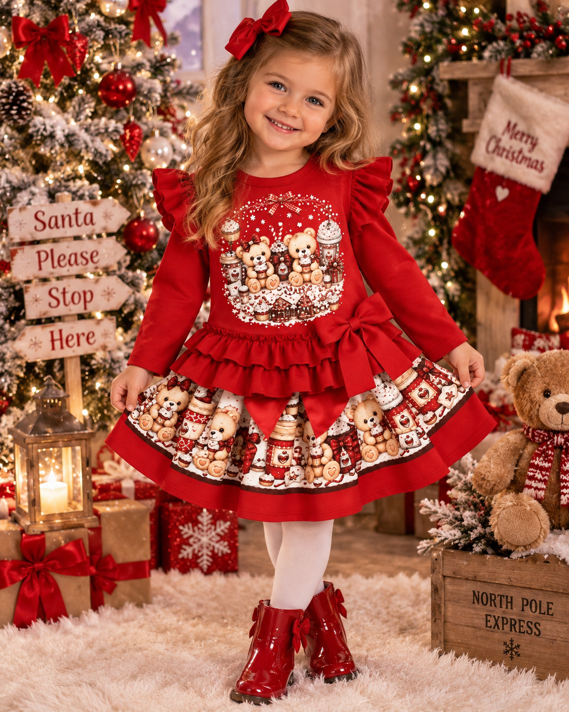 Toddler Girls Christmas Teddy Bear Top and Skirt - Festive Long Sleeve Ruffle Holiday Outfit
