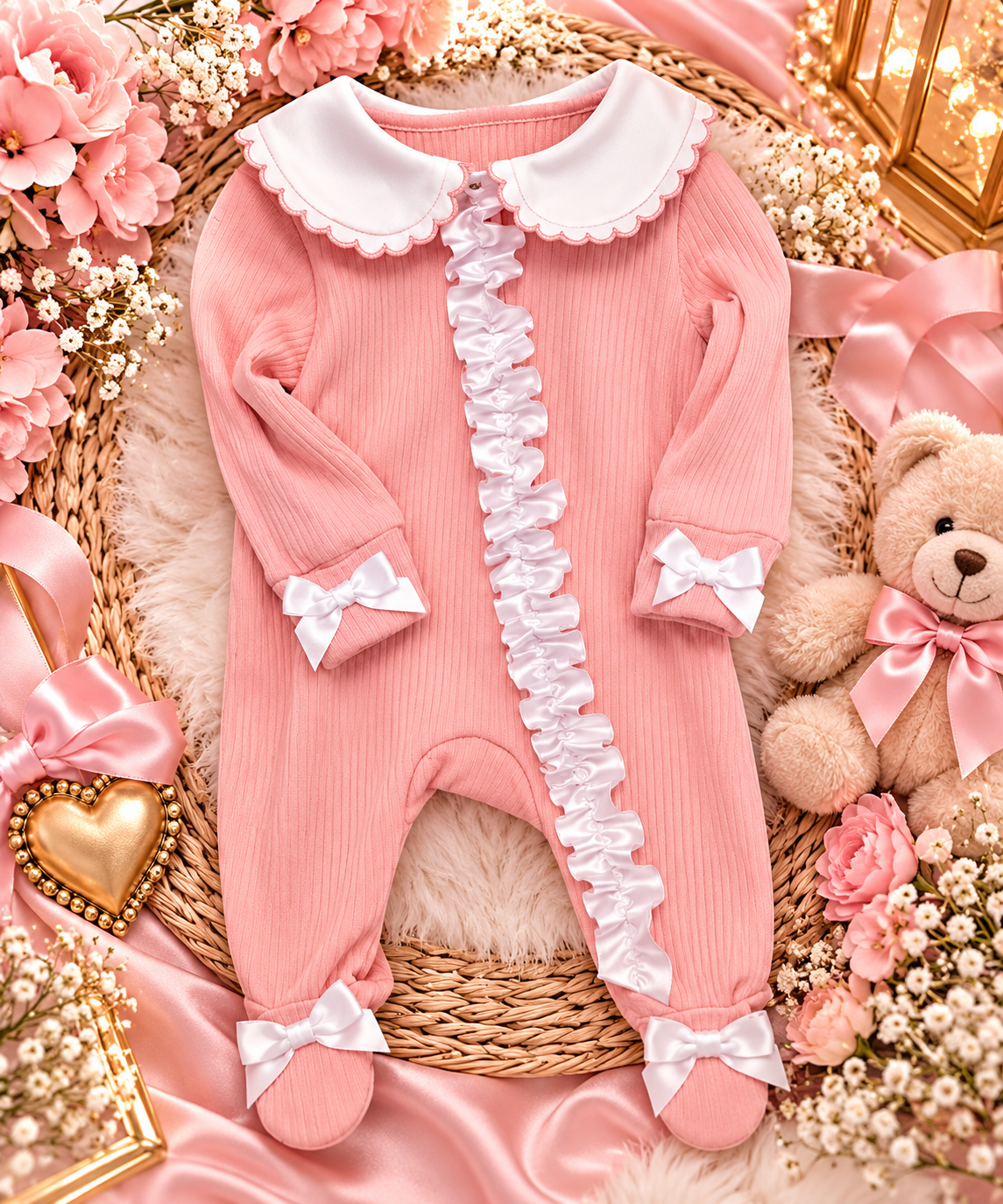 Luxury Baby Girls Pink Ribbed Ruffle Romper with Satin Bows