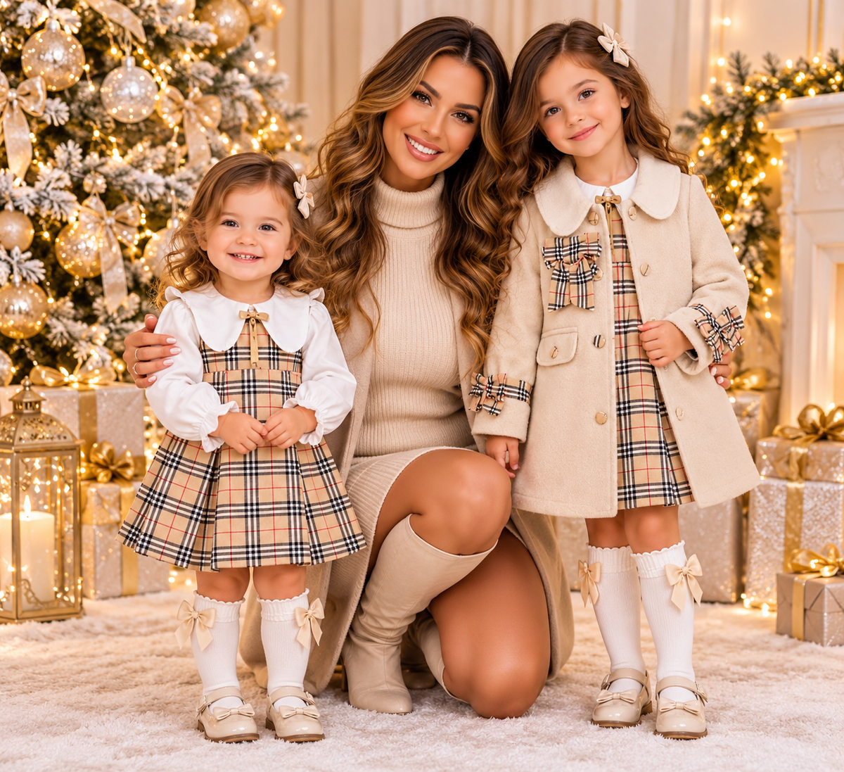 Girls Luxury Tartan Dress & Matching Cream Coat Set