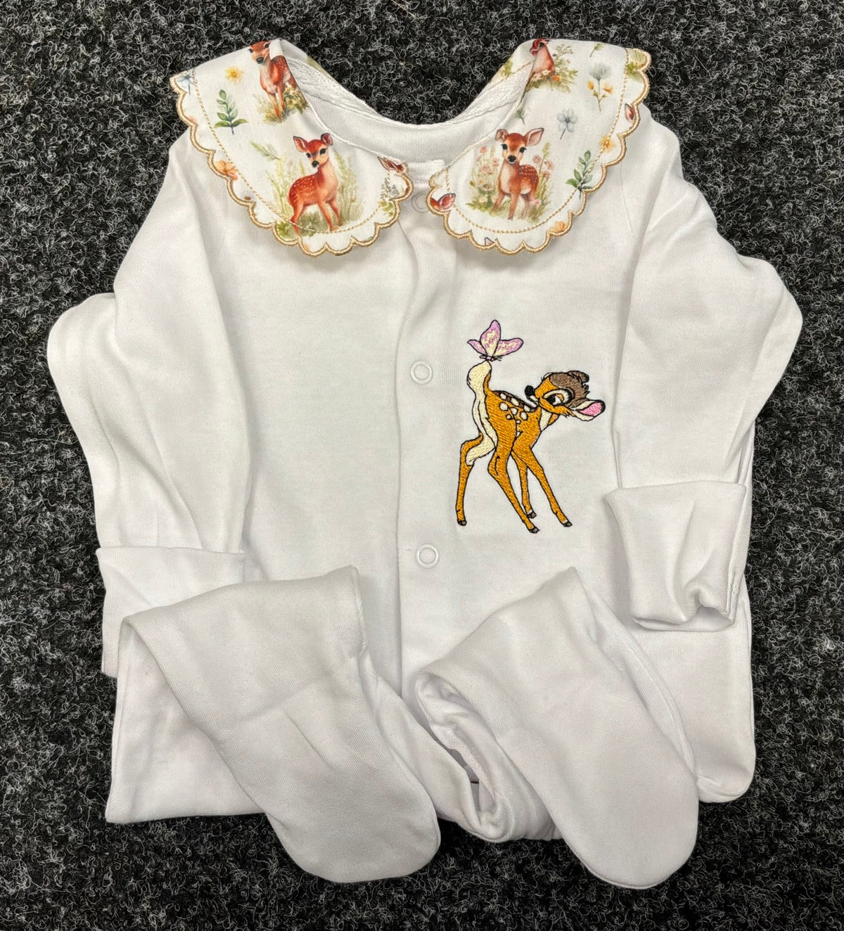 Baby deer embroidered sleepsuit with woodland collar