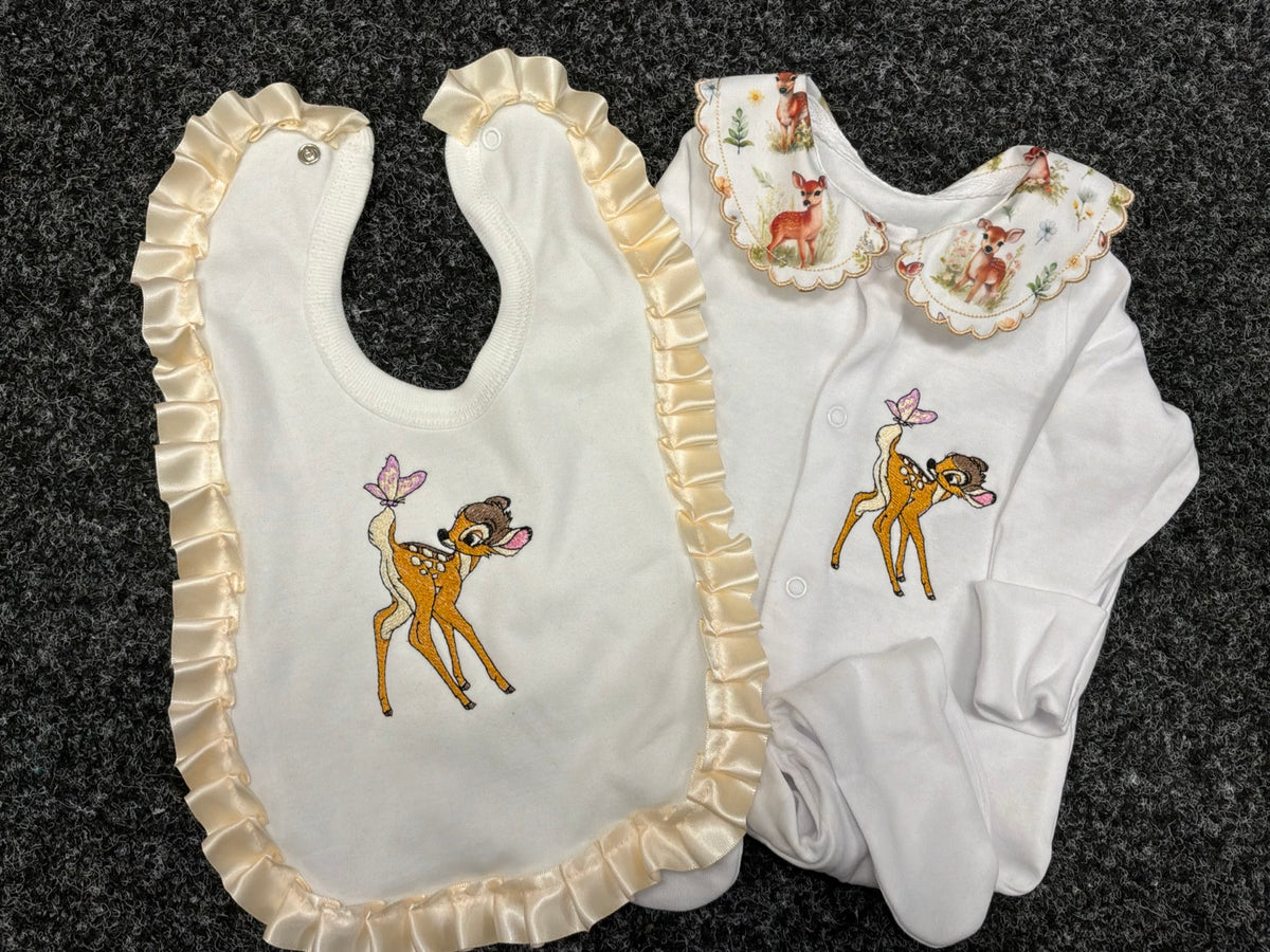 Woodland deer sleepsuit and matching satin frill bib