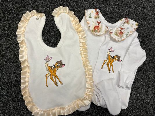Woodland deer sleepsuit and matching satin frill bib