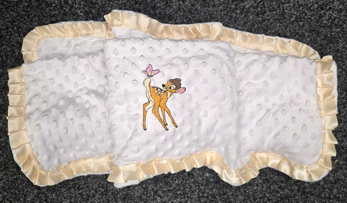 Embroidered baby deer pillow set with cream ruffle trim