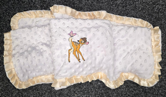 Embroidered baby deer pillow set with cream ruffle trim
