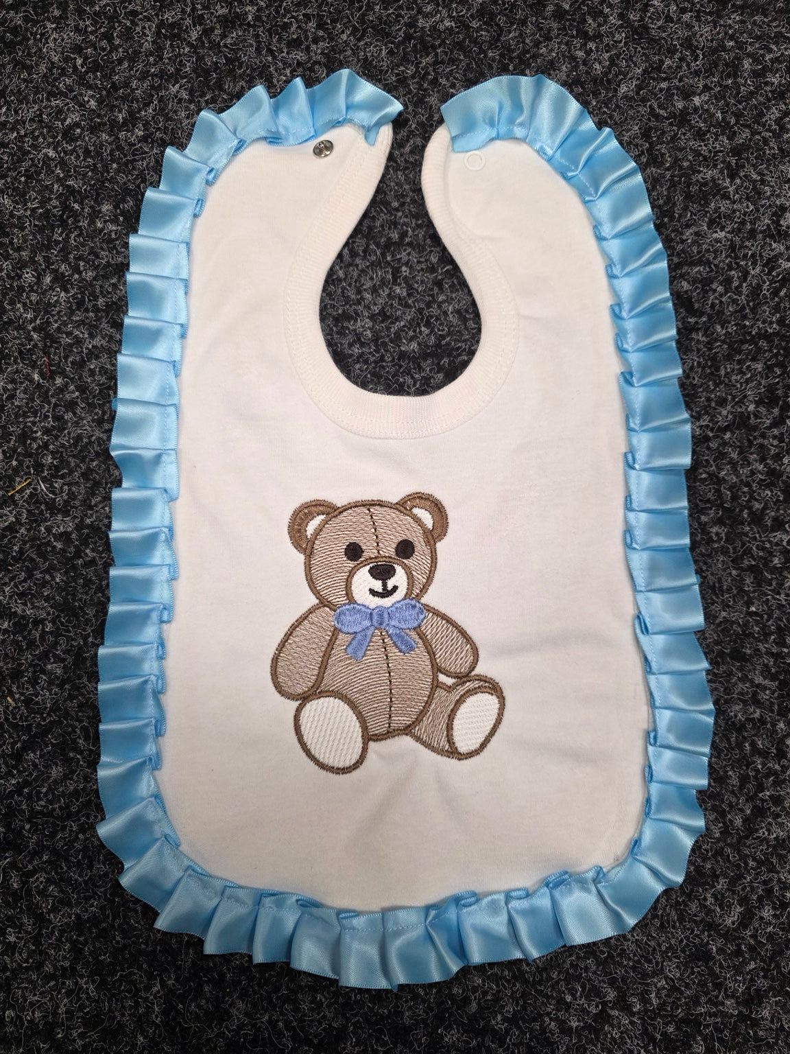 Baby blue frill teddy bear embroidered bib