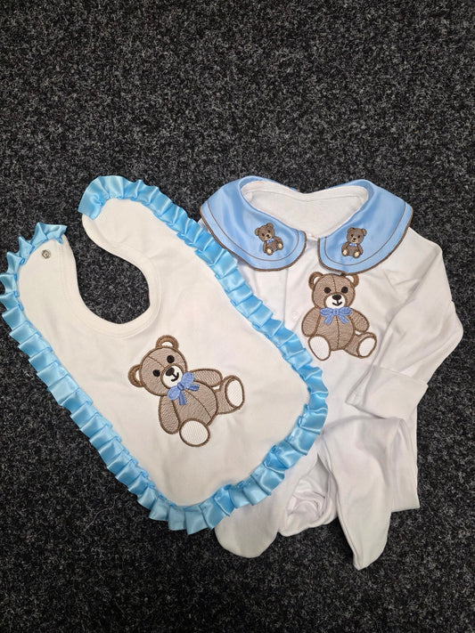 Baby boy teddy bear embroidered sleepsuit and frill bib set