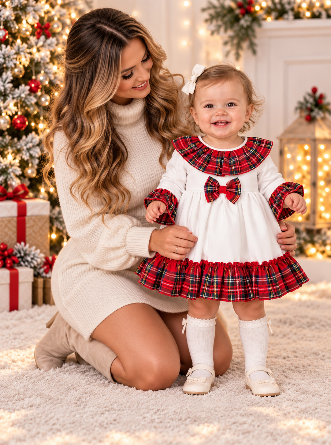 Baby Girls Red Tartan Christmas Dress with Bow