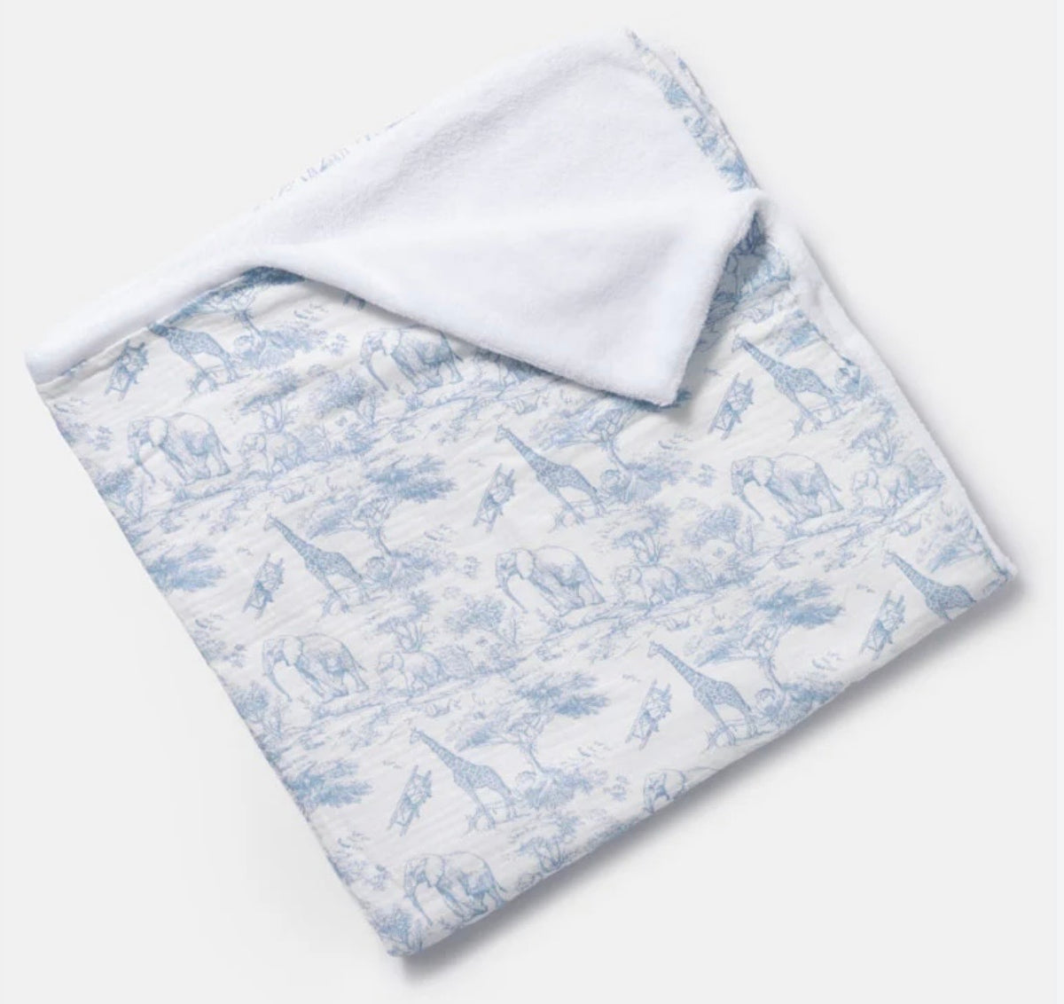 Blue safari baby blanket with soft white reverse