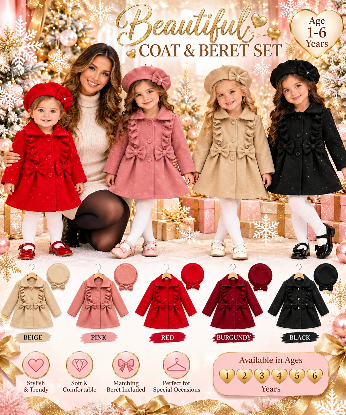 Girls coat and matching beret set in five colours