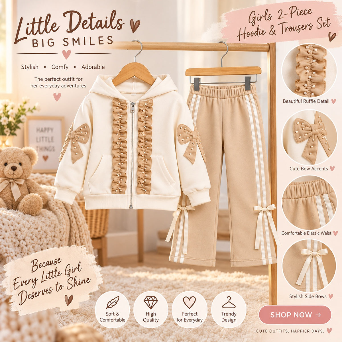 Girls cream and beige two-piece hoodie and trouser set advert