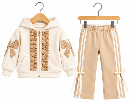 Girls cream and beige two-piece hoodie and trouser set