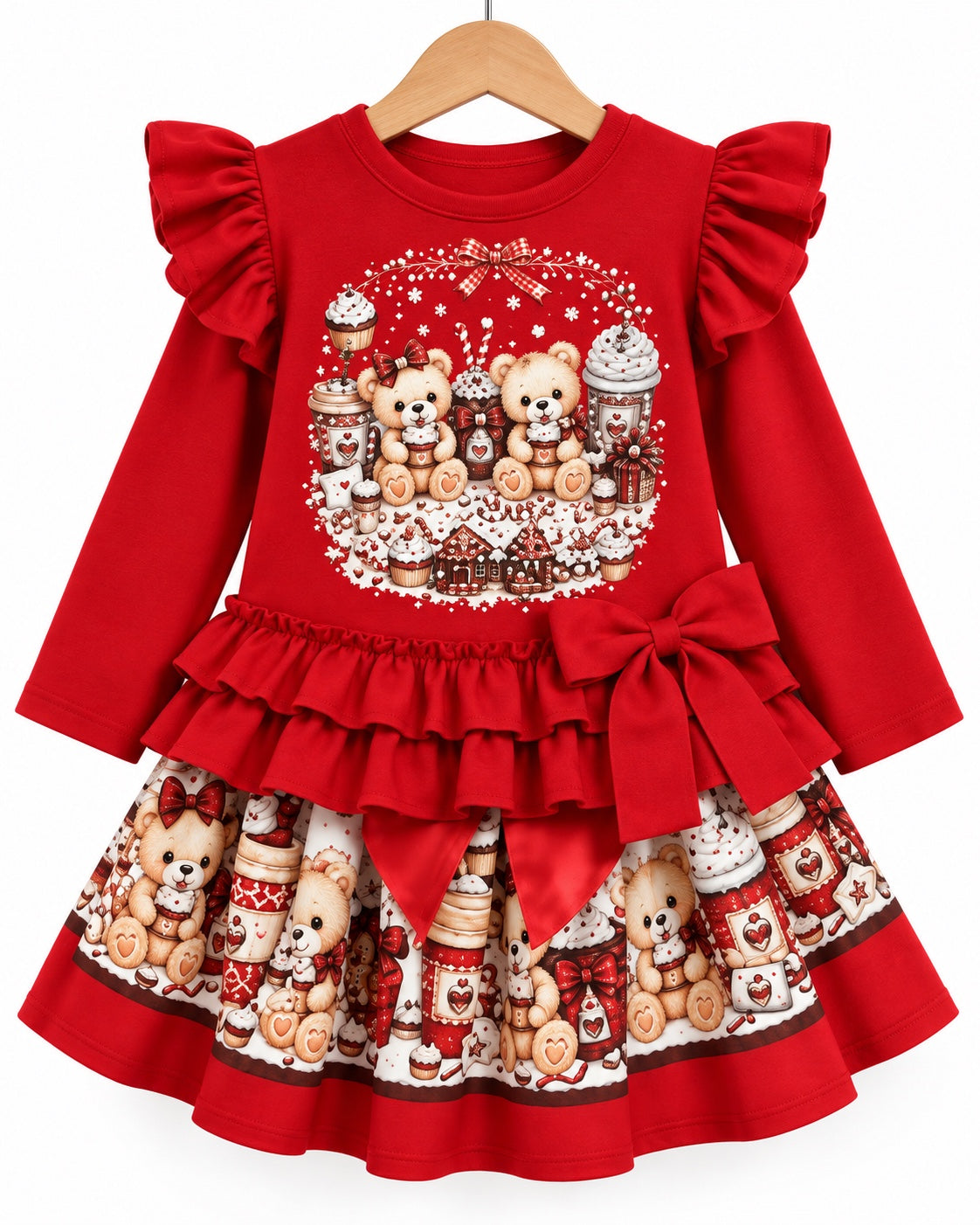 Girls red Christmas teddy bear ruffle dress