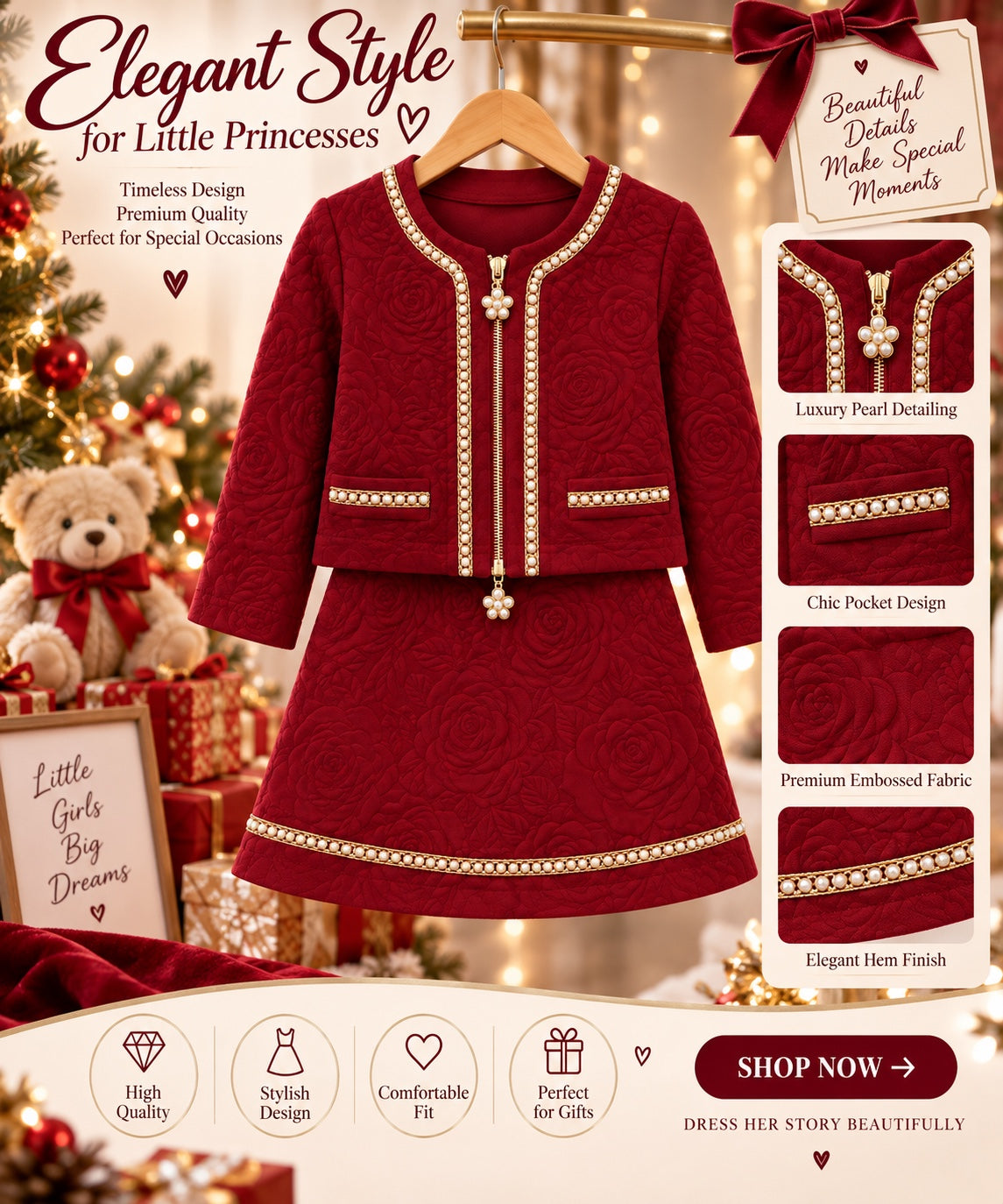 Girls red pearl detail jacket and dress set
