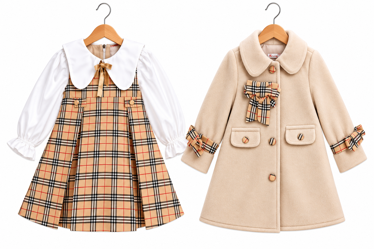 Girls Luxury Tartan Dress & Matching Cream Coat Set
