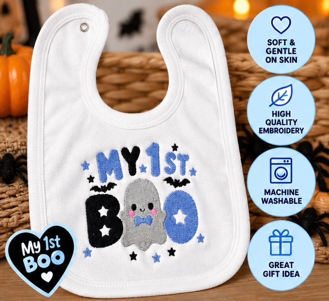 My 1st Boo embroidered baby bib
