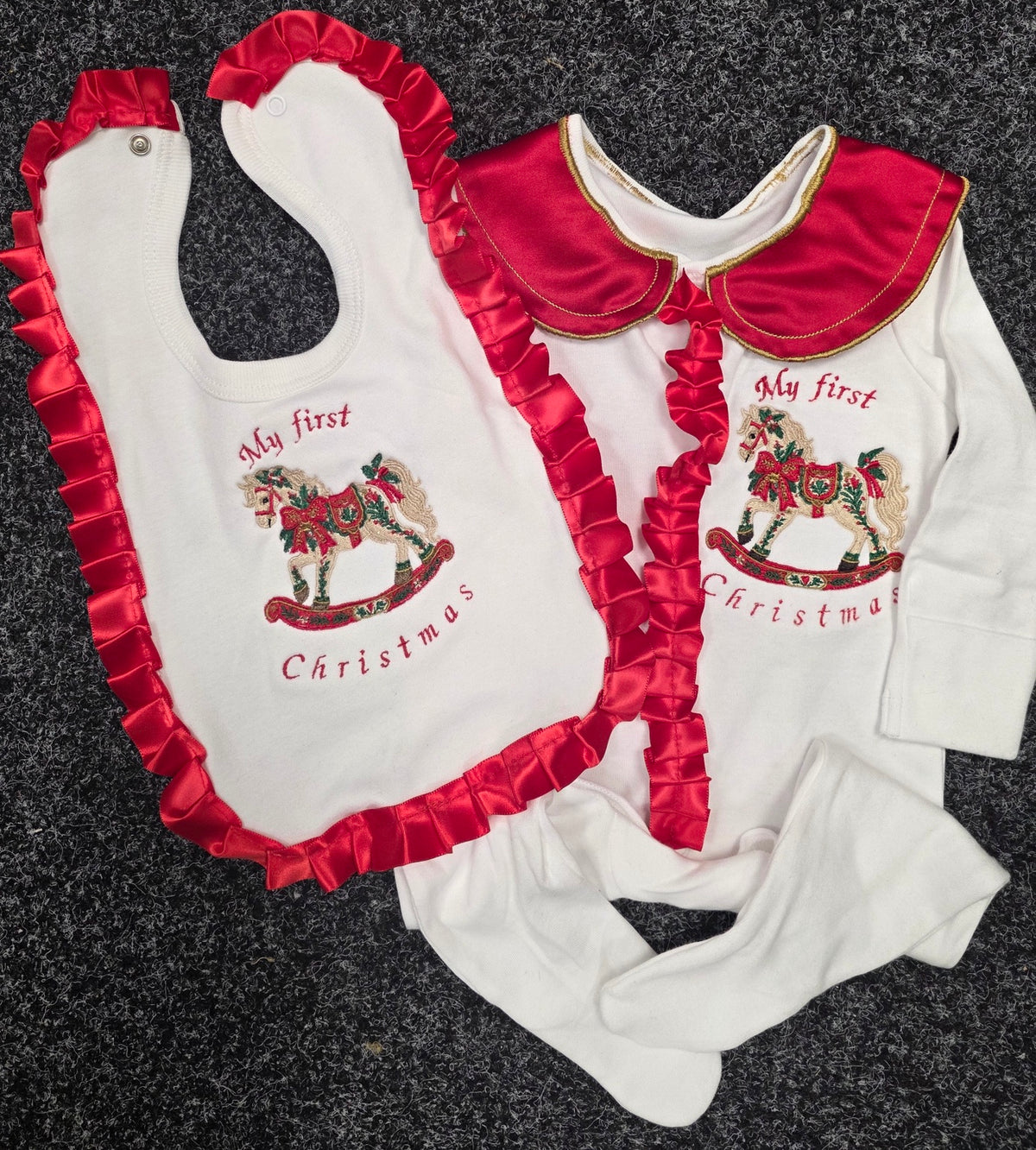 My First Christmas rocking horse sleepsuit and matching frilly bib