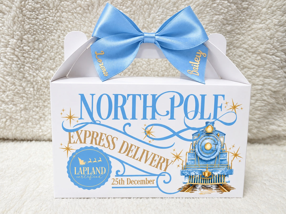Personalised North Pole Express Delivery gift box in baby blue