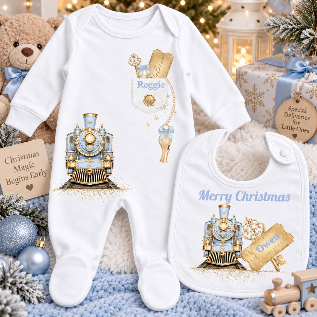 Personalised baby blue and gold Christmas train baby sleepsuit and bib set