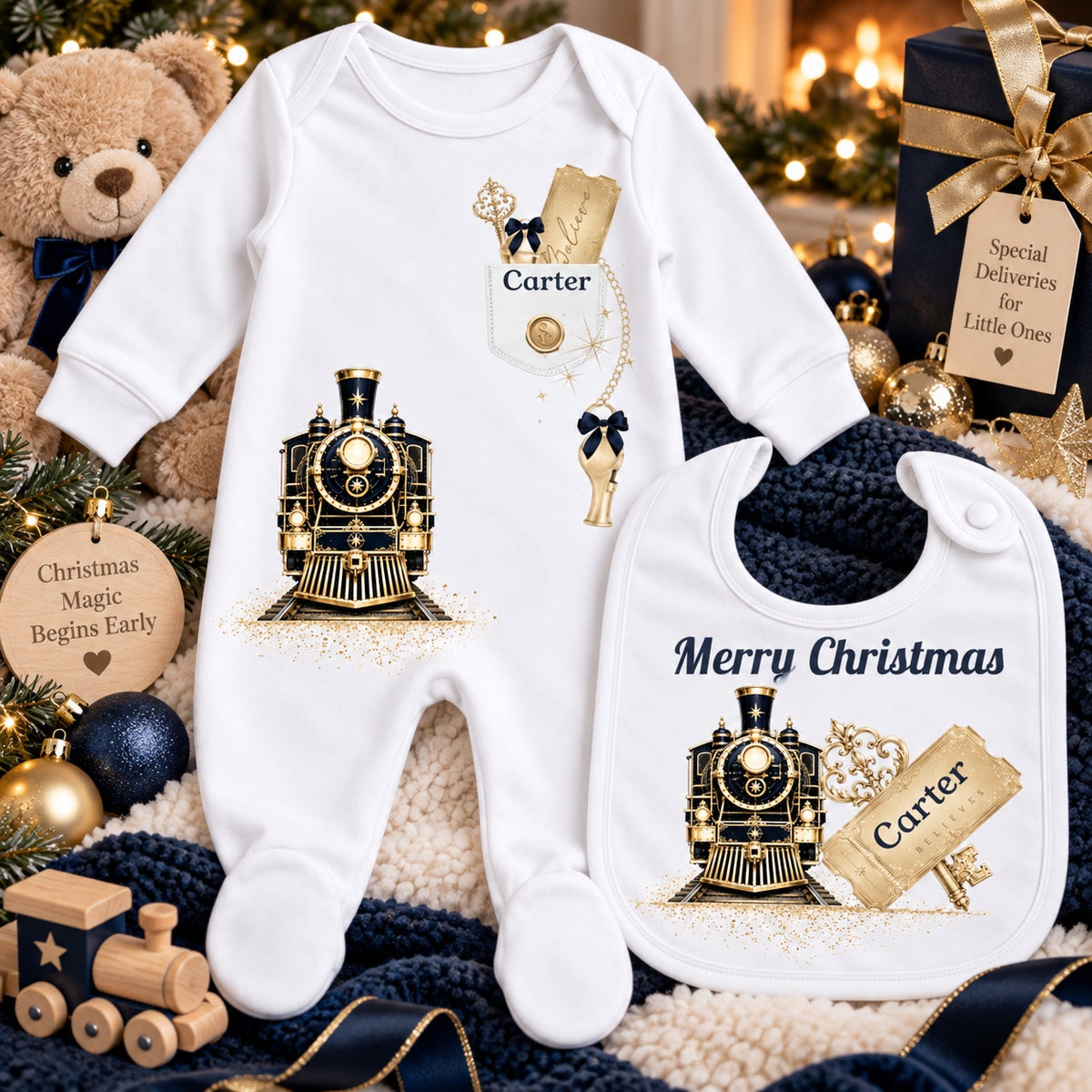 Personalised navy and gold Christmas train baby sleepsuit and bib set