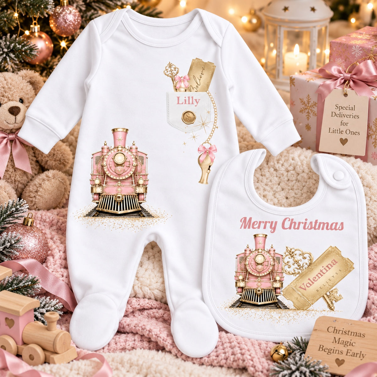 Personalised pink and gold Christmas train baby sleepsuit and bib set