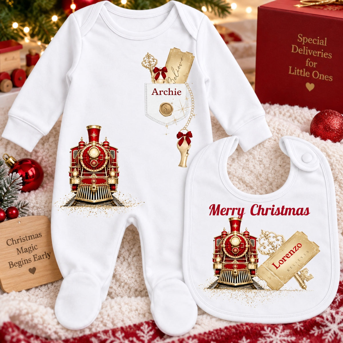 Personalised red and gold Christmas train baby sleepsuit and bib set