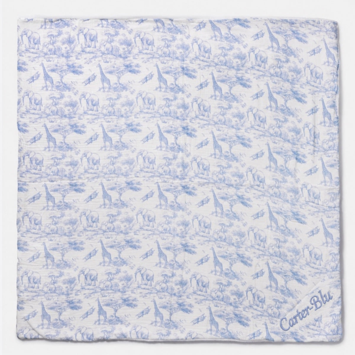 Personalised blue safari baby blanket with embroidered name