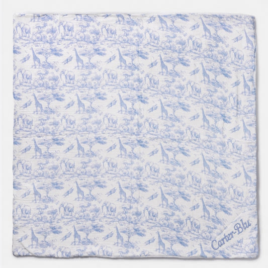 Personalised blue safari baby blanket with embroidered name