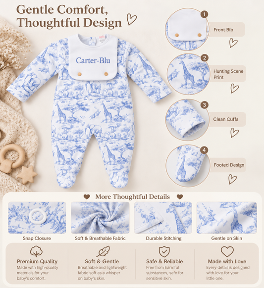 Personalised blue safari baby romper with embroidered name