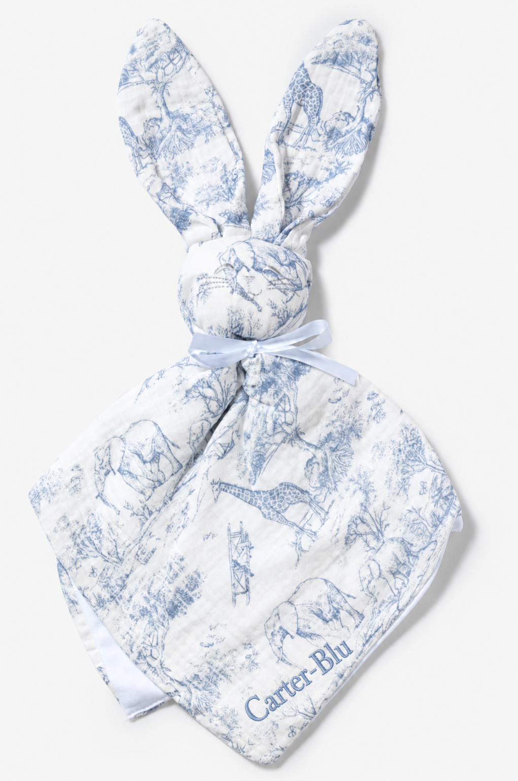 Personalised blue safari bunny comforter with embroidered name