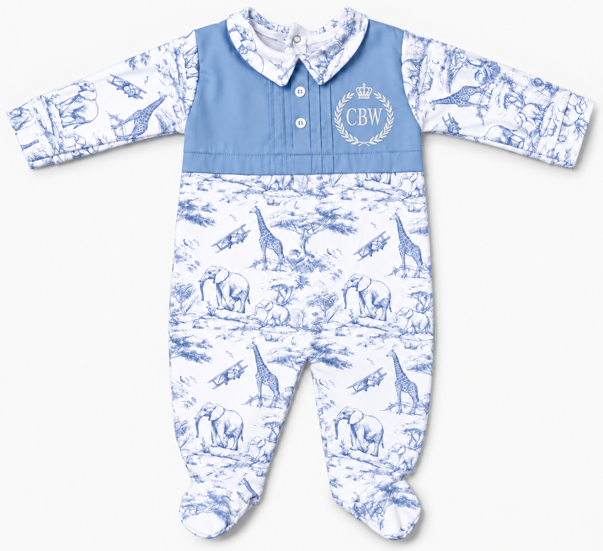 Personalised blue safari baby romper with embroidered initials