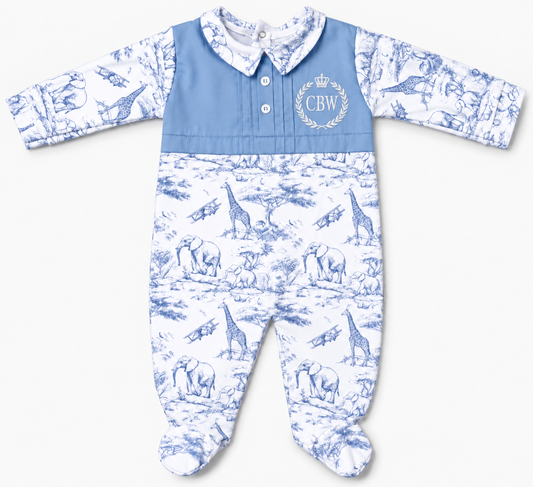 Personalised blue safari baby romper with embroidered initials