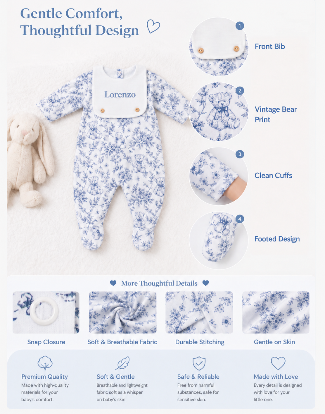 Personalised blue vintage bear baby romper with embroidered name