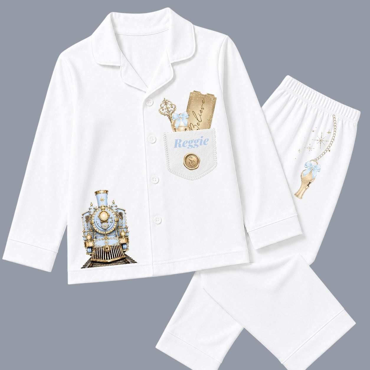 Personalised white Christmas pyjamas with baby blue and gold train design