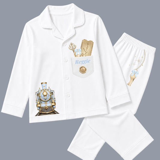 Personalised white Christmas pyjamas with baby blue and gold train design