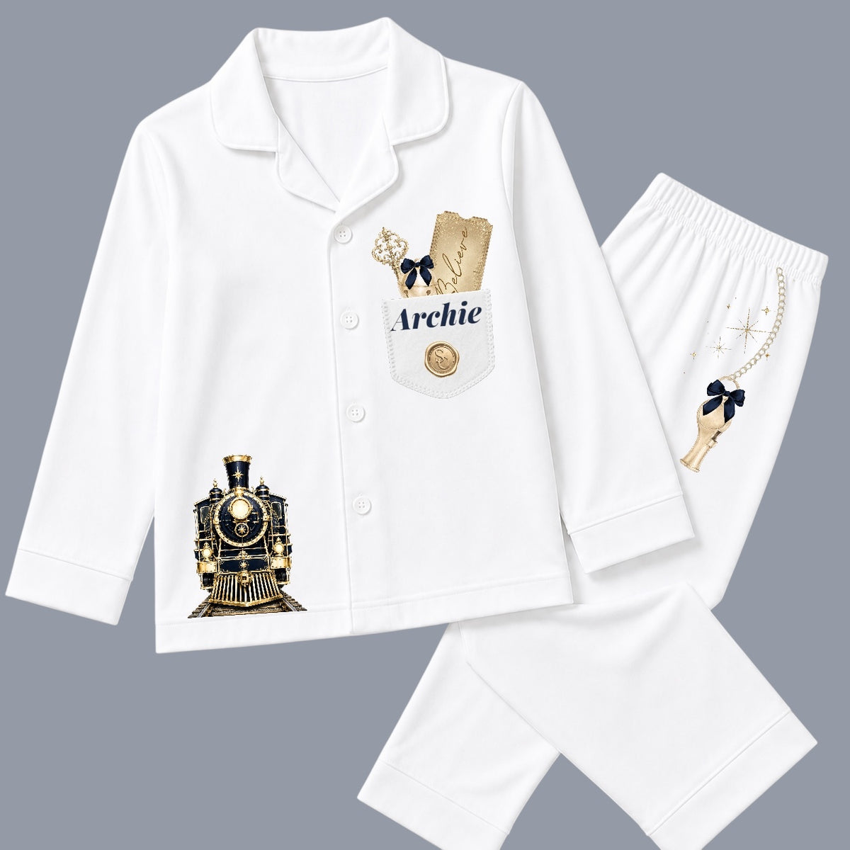 Personalised white Christmas pyjamas with navy and gold train design
