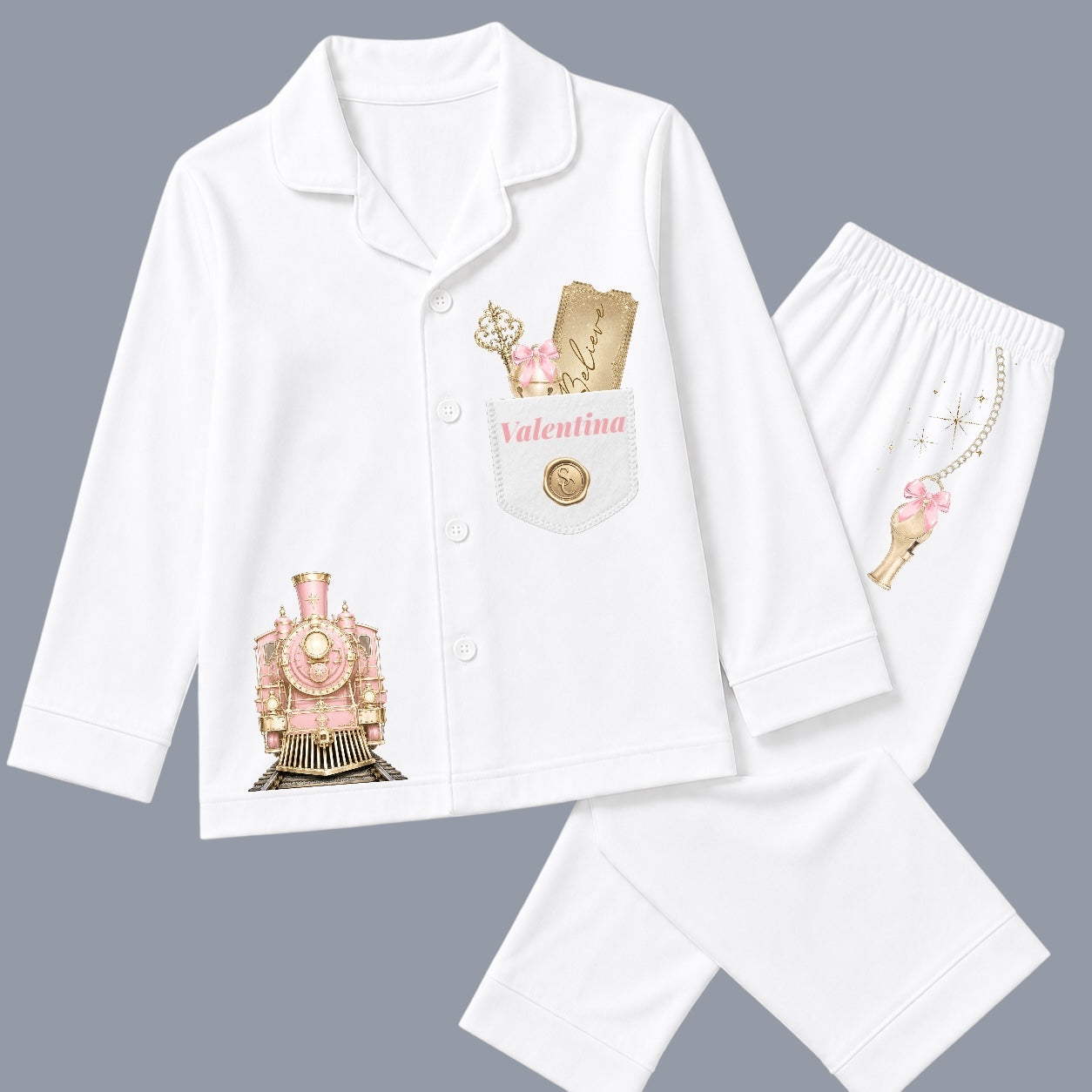 Personalised white Christmas pyjamas with pink and gold train design
