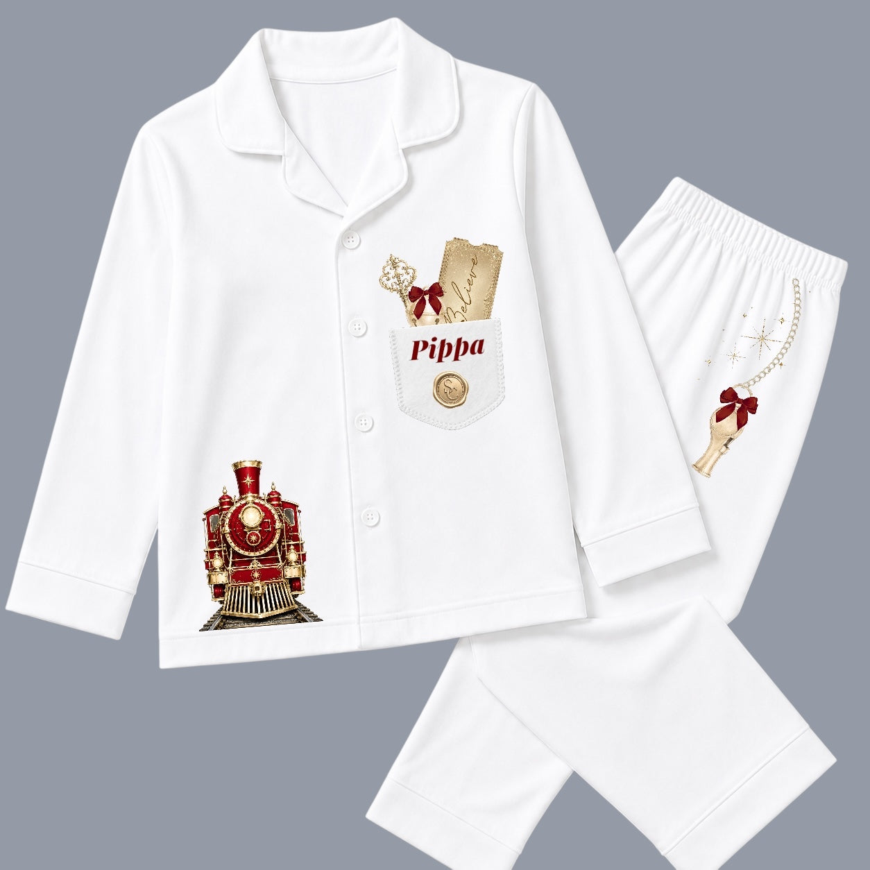 Personalised white Christmas pyjamas with red and gold train design