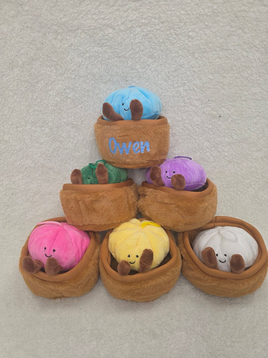 Personalised colourful dumpling plush toys in soft baskets