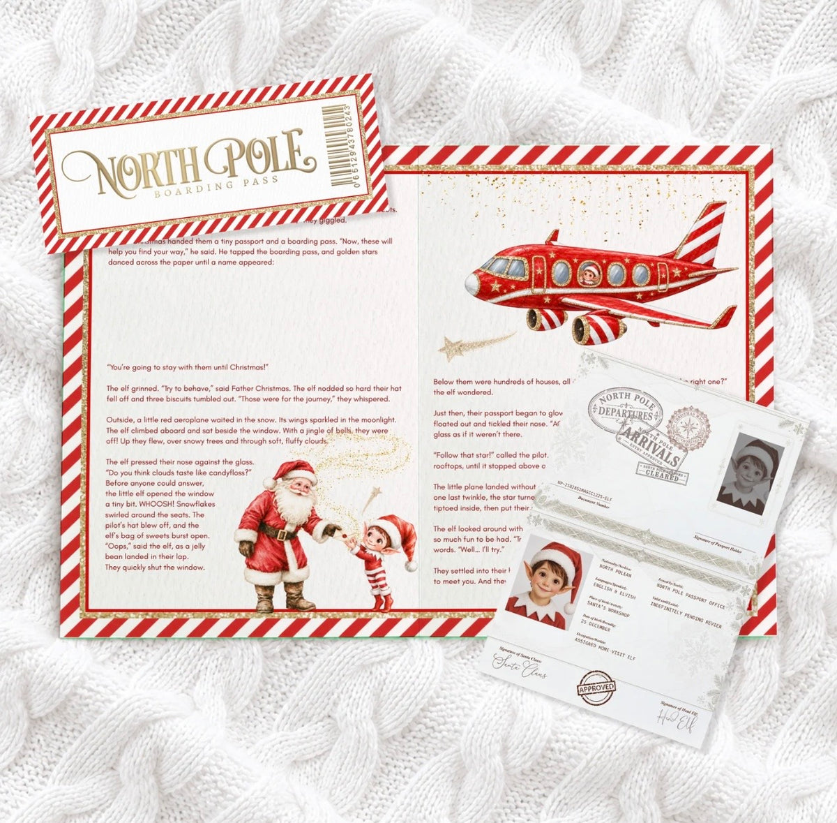 Personalised Elf Story Booklet open with Elf Passport and North Pole Boarding Ticket