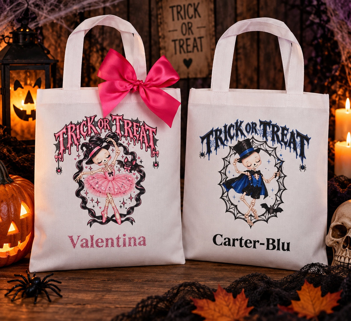 Pink and blue personalised Halloween trick or treat bags